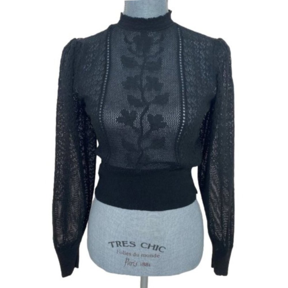 Zara Women Pointelle Knit Blouse Sheer Lace Stand Up Collar Pullover Black Small